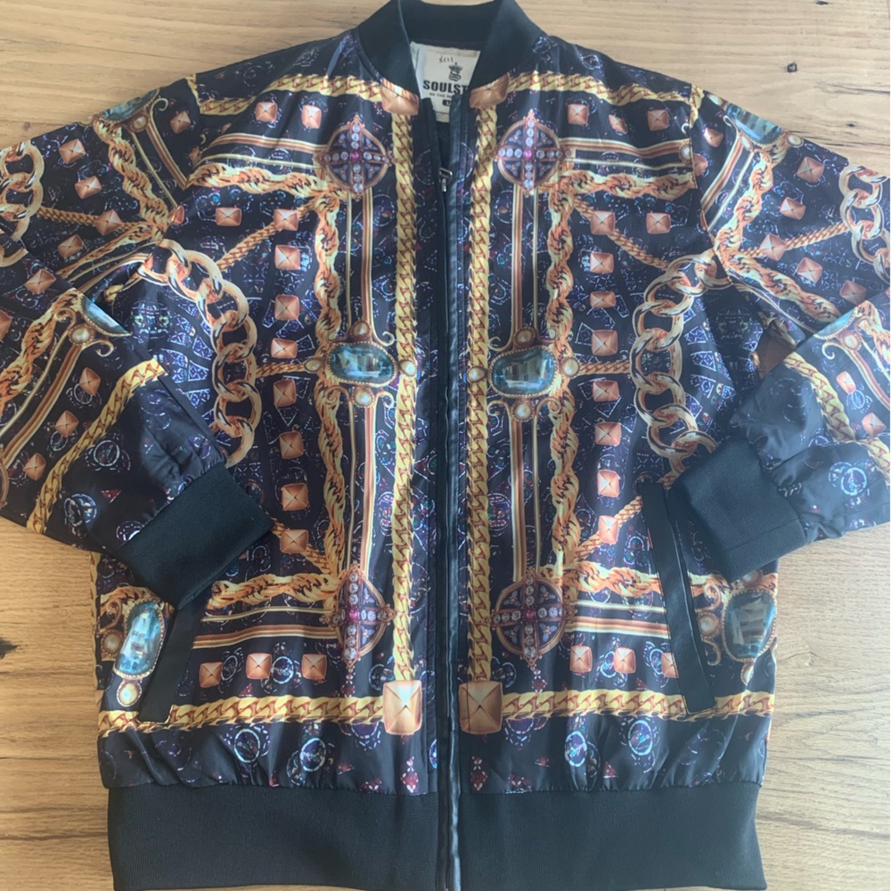 Soulstar UK Bomber Jacket Gangsta Print Black Gold Women’s Medium‎ Preloved